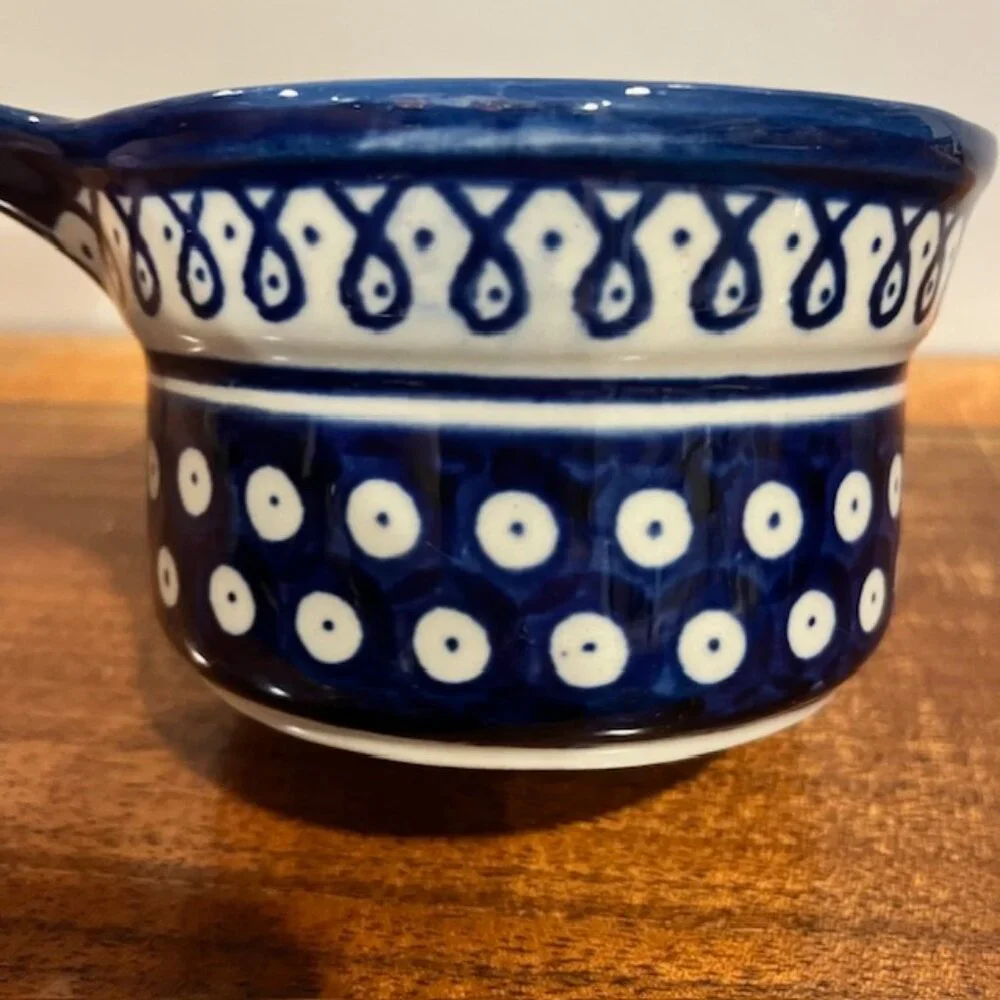Boleslaweic Polish Pottery Blue White Handled Gravy Boat Sauce Pot Bowl - Picture 2 of 5